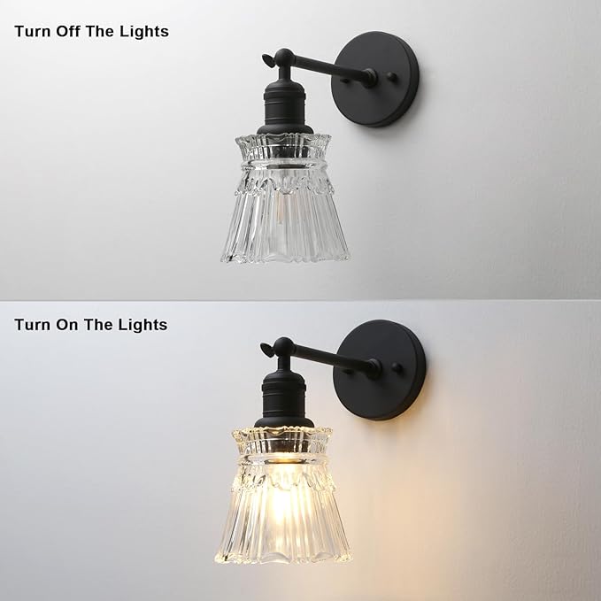 Yosoan 1-Light Vanity Indoor Wall Sconce, Brass Vintage Industrial Single Modern Light Hardwired Fixture Lamp with Petal Stripes Glass Shade for Bedroom Bathroom Kitchen Living Room Hallway(Black)