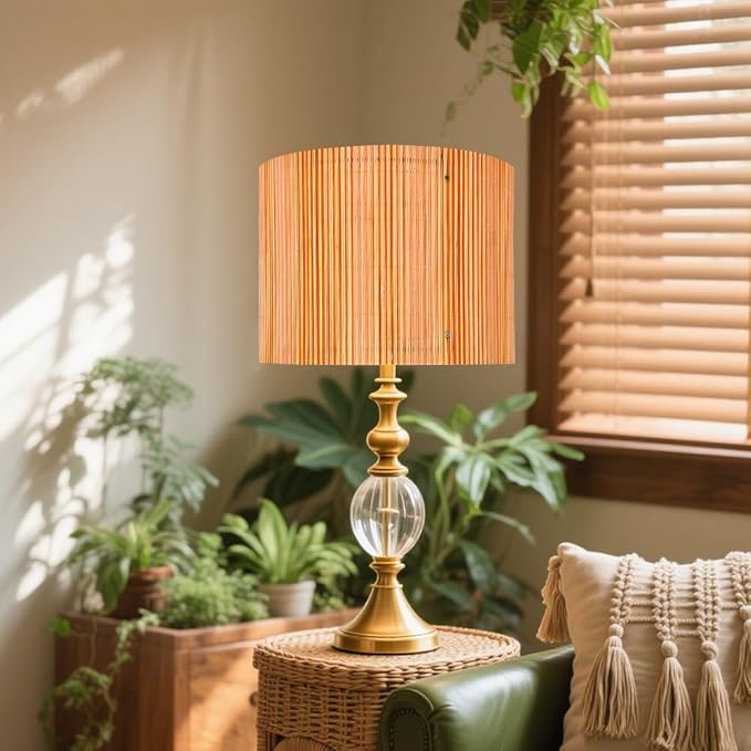 Bamboo Lamp Shade with Colorful Lines, Modern Bohemian Translucent Barrel Style, Decorative Art Shade for Table Floor Lamp, Easy Assembly, 11.8x9 Inch