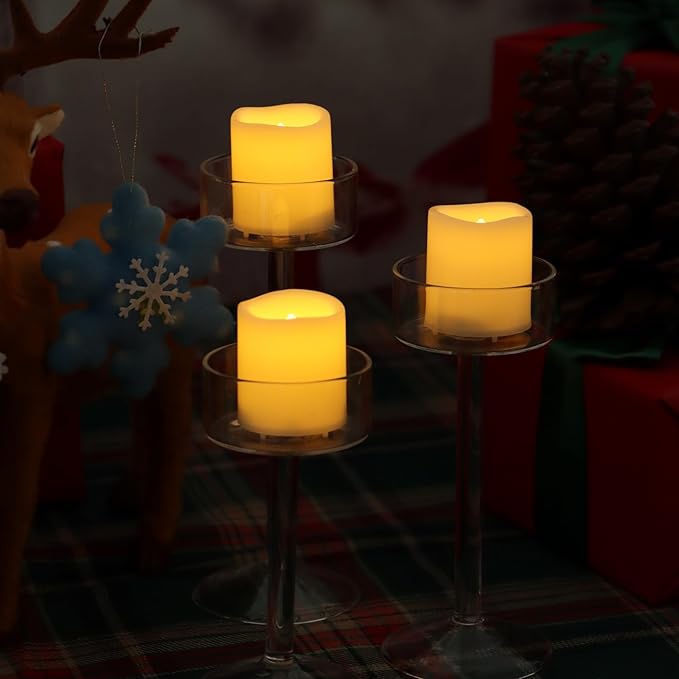 12 Pack Flameless Votive Candles Flickering Electric Fake Candles LED Battery Operated Tea Lights for Home Wedding Decor Party Table Halloween Christmas Decorations, Amber Yellow Glow