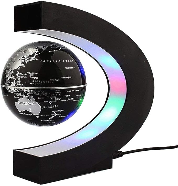 Floating Globe with LED Lights C Shape Magnetic Levitation Floating Globe World Map for Desk Decoration (Black)