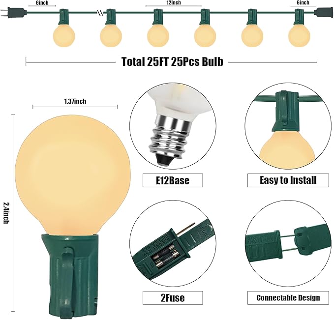Abeja G40 Outdoor String Light, 25FT Frosted White Christmas String Lights with 27 Frosted White Bulbs, G40 Globe Patio String Lights for Backyard Porch Balcony Party Wedding Umbrella- Green Wire