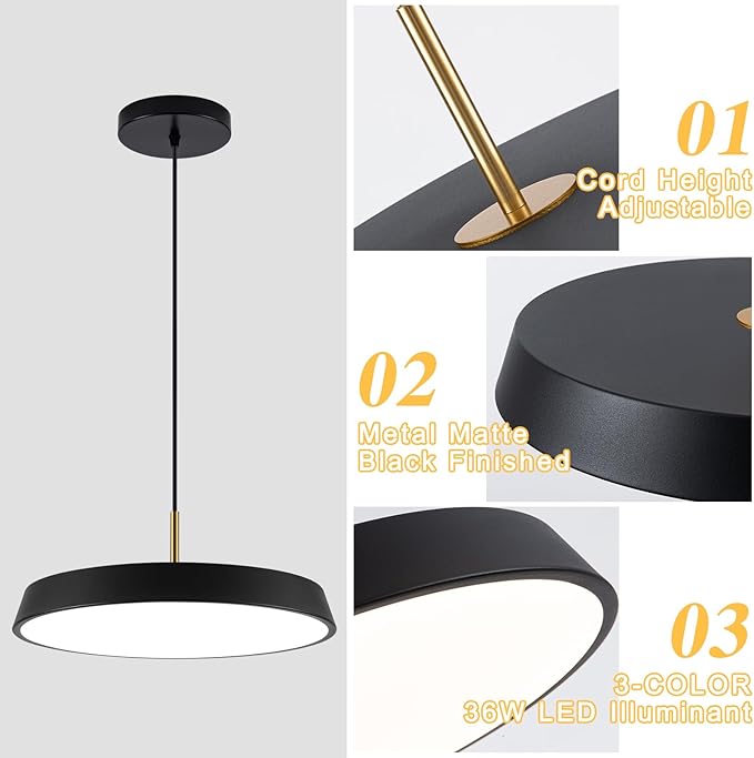 Black Pendant Light Fixtures 16inch,LED Modern Industrial KitchenIsland Hanging Lighting,3 Color Temperature Chandelier Metal Ceiling Light for Bar,Dining Room,Bedroom,Living Room