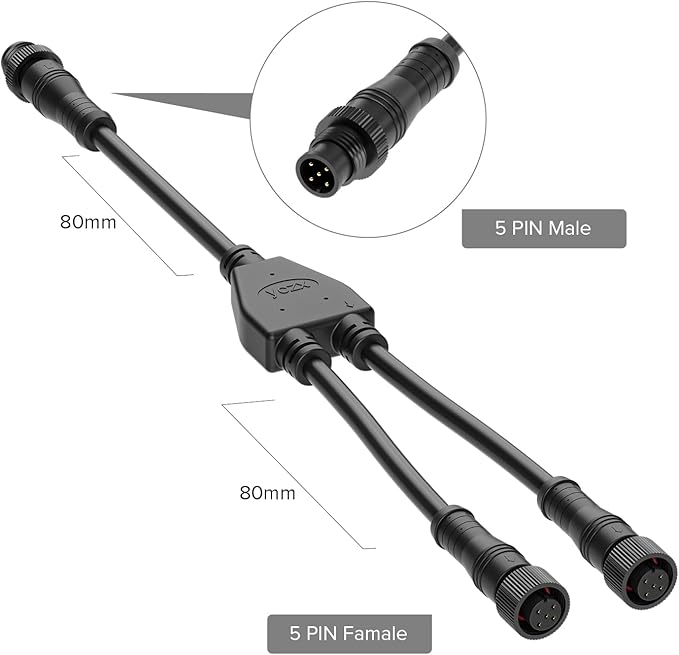 BTF-LIGHTING 5 Core 5 pin Small Size IP68 Y Shape 1 Male-Divided-2 Female Splitter Connctor Black Plastics 22AWG 15mm Metal Metal Nut Support All 5 pin Small Size IP68 Connectors