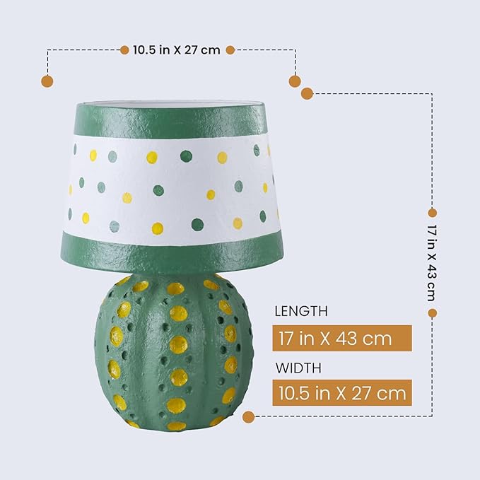 Handicrafts Home Handcrafted Paper Mache Table Lamp, 10.5x17” Modern Farmhouse Accent Table Lamp, Decorative Dome Bedside Nightstand Lamp for Bedroom Living Room, Small Desk Light, Cact Polka