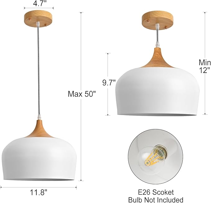 Modern White Pendant Light, Nordic Wooden Dome Minimalist Style Light fixtures Ceiling Hanging,Mini Chandelier for Dining Room, Kitchen Island, Bedroom, Hallway