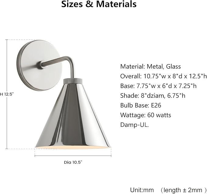 Retro Industrial Metal Cone Sconce Light - Vintage-Inspired Modern Silvery Wall Sconce with Metal Shade, Wall Mount Lighting for Bedroom, Hallway, Living Room (Silvery, 11 inch)