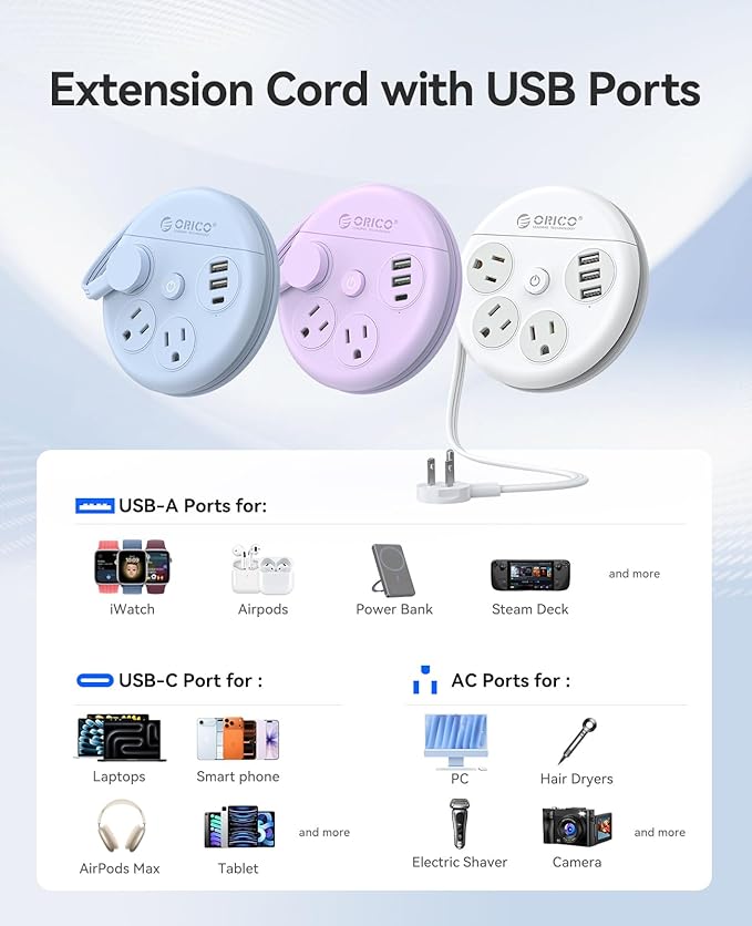 ORICO Travel Power Strip, 4Ft Flat Plug Extension Cord with 3 AC Outlets and 2 USB-A and 1 USB-C Charging Ports, Non-Surge Protector, Travel Essential for Cruise/Home/Office, Blue-OR