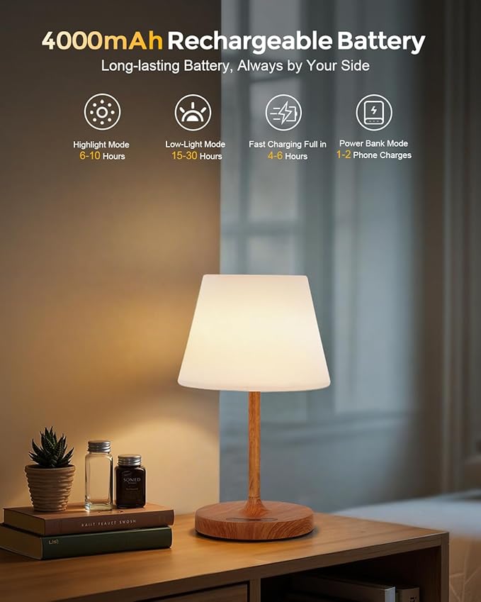 Cordless Touch Table Lamp, 4000mAh Rechargeable Small Desk Lamp with 3 Color Temperatures & Stepless Dimming, Portable LED Bedside Lamp for Bedroom, Living Room, Patio & Camping, Wood Grain
