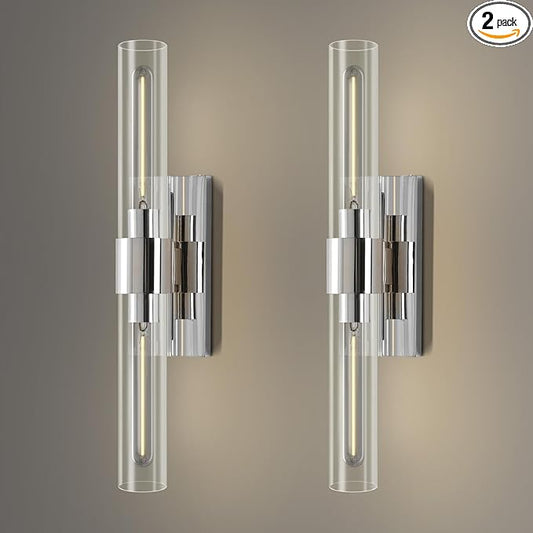 YUYI Nickel Wall Sconces Set of Two, 22.8'' Indoor Sconces Wall Decor Set of 2 with Clear Glass Shade, Bathroom Vanity Wall Lights for Bathroom Living Room Bedroom Hallway Fireplace Staircase