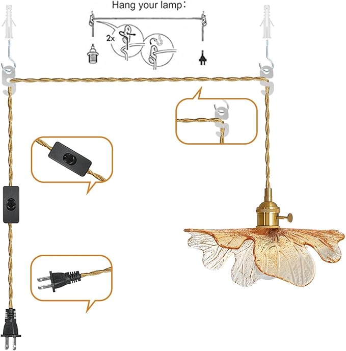 Plug in Pendant Lights 15ft Hanging Light with Plug in Cord Mid Century Modern Pendant Light Fixtures Hand Blown Amber Glass Pendant Light Plug in Hanging lamp for Kitchen Living Dining Room