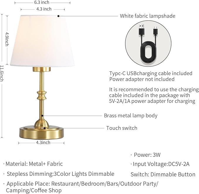 Portables Cordless Table Lamp Set of 2,LED Fabric Shade DeskLamp,Rechargeable Battery Operated，Lighting for Bedroom, Bedside,Bar,Living Room, Dining Room, Night Light (Brass)