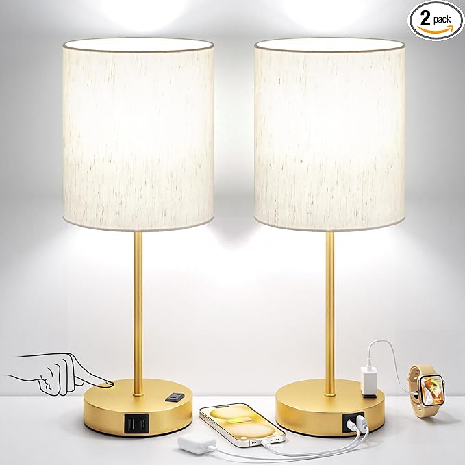 Gold Touch Lamps for Nightstand Set of 2 - Bedside Table Lamp for Bedroom with Dual USB Ports & AC Outlet, 3-Way Dimmable Lamps for Living Room Boys Room, Night Light with 5000K Daylight Bulbs
