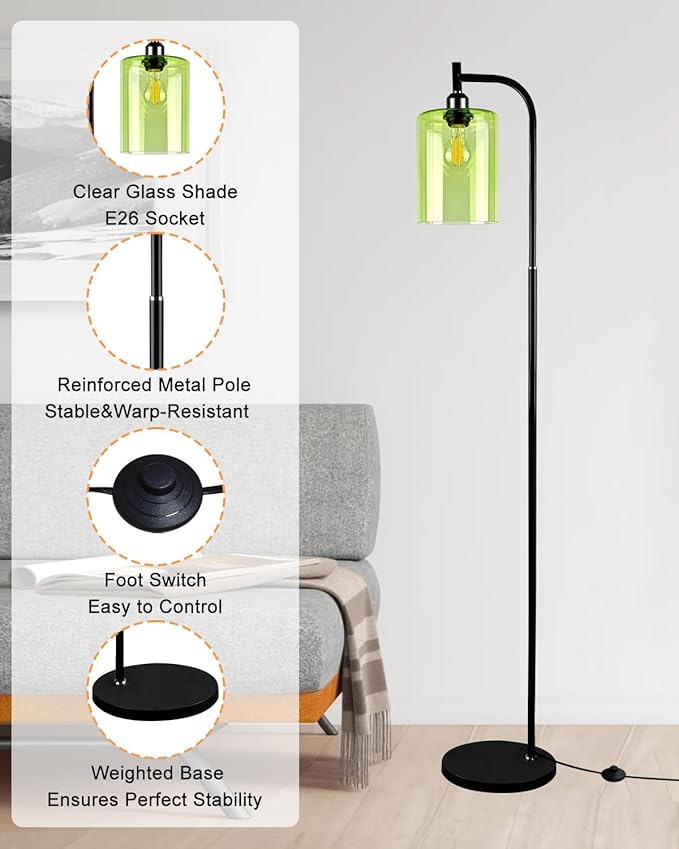 Lightdot 64IN Glass Floor Lamp for Living Room, Modern Standing Lamps with Green Ribbed Glass Lampshade& Bulb Included, Industrial Floor Lamp for Bedroom/Sofa Beside/Corner Decor-Black