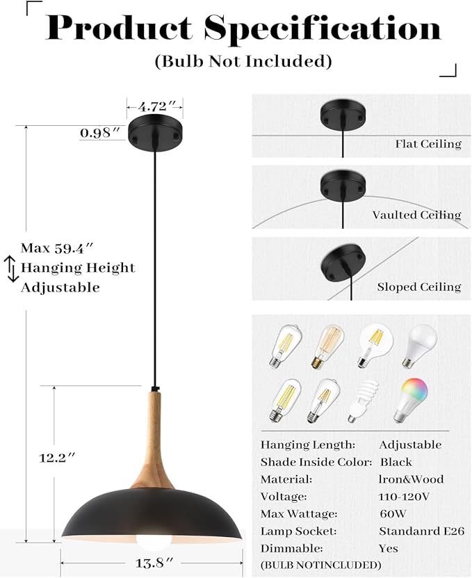 Black Pendant Lights Kitchen Island,2 Pack Modern Pendant Light with Wood Cap, 13.8 inch Dome Pendant Light for Kitchen, Dining Room, Living Room