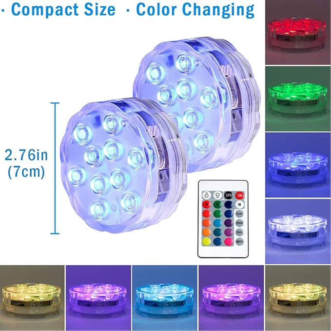 AquaMiracle Submersible LED Lights with Remote Waterproof Battery Operated, Multi Color Changing Hot Tub Lights for Shower, Pool, Pond, Aquarium, Bath, Party, Vase Decoration (2-Pack)