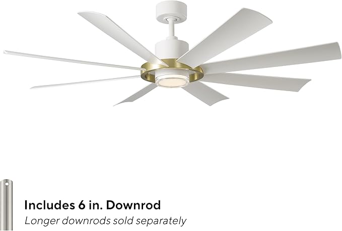 Modern Forms Aura Indoor and Outdoor 8-Blade 60in Smart Ceiling Fan in Matte White Soft Brass Ring with 2700K-3000K-4000K-5000K Selectable LED Light Kit and Remote Control works App