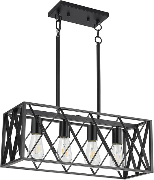 KEESFU Black Farmhouse Kitchen Island Lighting, 4 Lights Pendant Lighting Fixtures, Adjustable Height, Industrial Dining Room Light for Living Room Foyer Dining Table Over Sink.