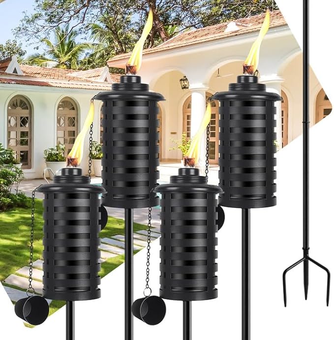 ZSZMFH 4 Pcs Metal Torch for Outside, 16oz Outdoor Metal Torch Garden Décor,59-Inch Upgraded Citronella Torches with 3-Prong Grounded Stake, Table Top Torches for Party Patio Pathway