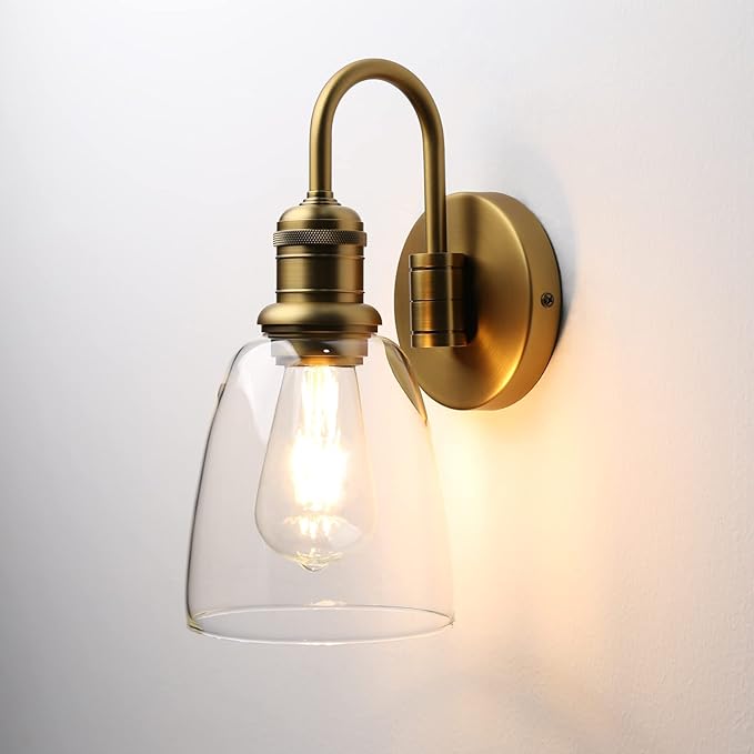 1-Light Vintage Gooseneck Wall Sconce Lamp with Cloche Clear Glass Shade, Industrial Indoor Wall Light Fixture for Bathroom Living Room Bedroom Over Kitchen Sink