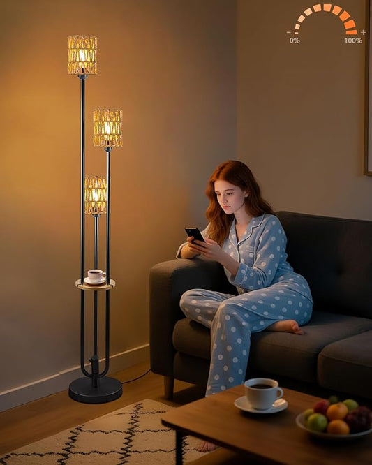 63IN Dimmable Floor Lamp with Shelf, Black Rattan Tall Standing Lamps Candle Holder Style, 3000K Warmwhite Mid Century Modern Floor Lamp for Living Room (Bulbs Included)