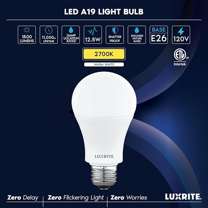 LUXRITE A19 LED Light Bulb 100 Watt Equivalent, 2700K Warm White, 1500LM, Non-Dimmable, Standard LED Light Bulbs, 12.5W, E26 Base, Enclosed Fixture Rated, Damp Rated, ETL Listed (24 Pack)