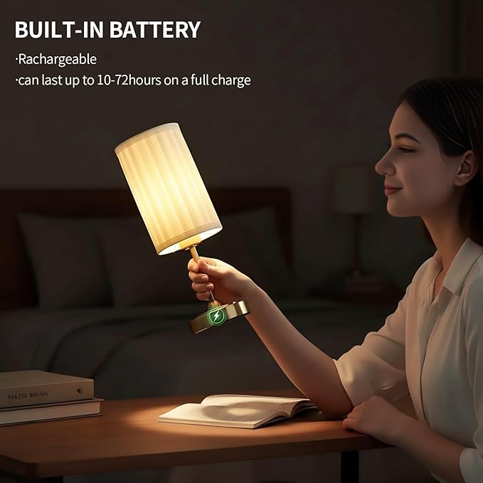Portables Cordless Table Lamp Set of 2,LED Fabric Shade DeskLamp,Rechargeable Battery Operated，Lighting for Bedroom, Bedside,Bar,Living Room, Dining Room, Night Light (Brass)