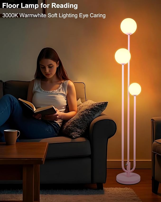 Lightdot 63IN Pink Floor Lamp Mid Century Modern Floor Lamp with 3 Globe 3000K Bulbs Included, 3 Lights U-Style Standing Lamp for Wedding Party/Living Room/Bedroom/Sofa Beside/Corner Decor