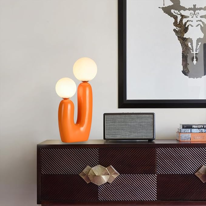 Modern Orange Cactus Shape 2 Lights Table Lamp Mushroom White Milk Globe Glass Table Light Cute Resin Light Fixtures for Bedroom Living Room Children’s Room Kid’s Room Corner