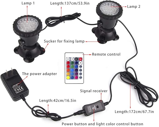 SHOYO Pond Lights Color Changing Spotlights, Underwater Fountain Lights IP68 Waterproof RGB Memory Dim Adjustable Submersible for Outdoor Waterfall Pond Fountain Pool, 2 in Set