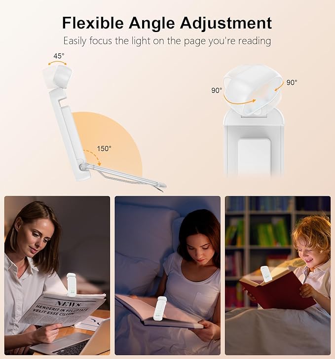 Gritin Reading Light, Rechargeable Book Light for Reading in Bed - Eye Caring 3 Color Temperatures, 5-Level Dimmable Brightness, Long Lasting, Compact Size Clip on Book Lamp for Bookworms-White