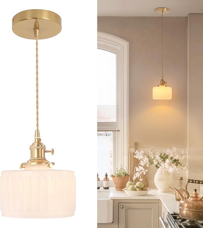 Pendant Light with White Striped Glass Lmapshade, Brass Vintage Pendant Light Adjustable Hanging Light for Kitchen Island Dining Room Hallway