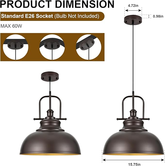 TAKEGO 15.8” Large Farmhouse Pendant Lights Kitchen Island, Oil Rubbed Bronze Rustic Pendant Light Fixture, Vintage Dome Pendant Light, Industrial Hanging Ceiling Lamp for Dining Room, Hallway