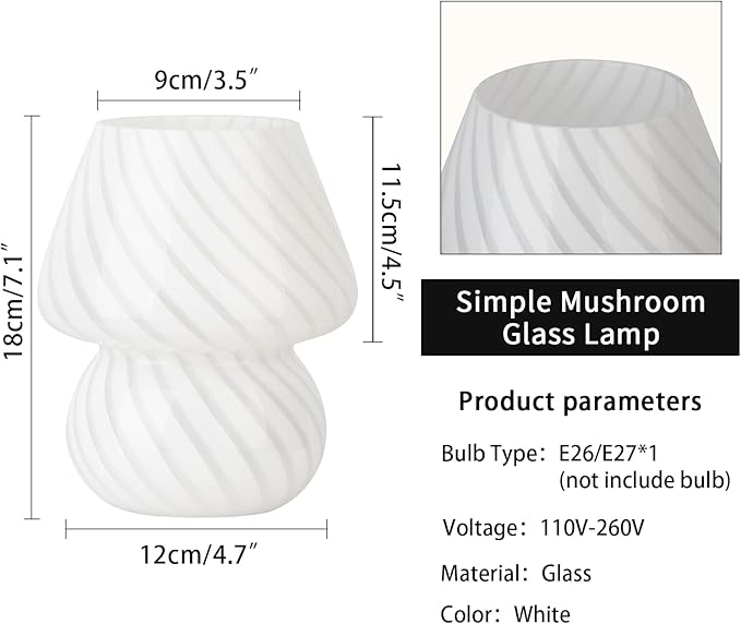 HonoDing Small Mushroom Lamp, Cute Striped Glass Bedside lamp, Vintage Style Desk Lamps, Bedside Lamps for Bedrooms, Reading Rooms, Living Room Decor
