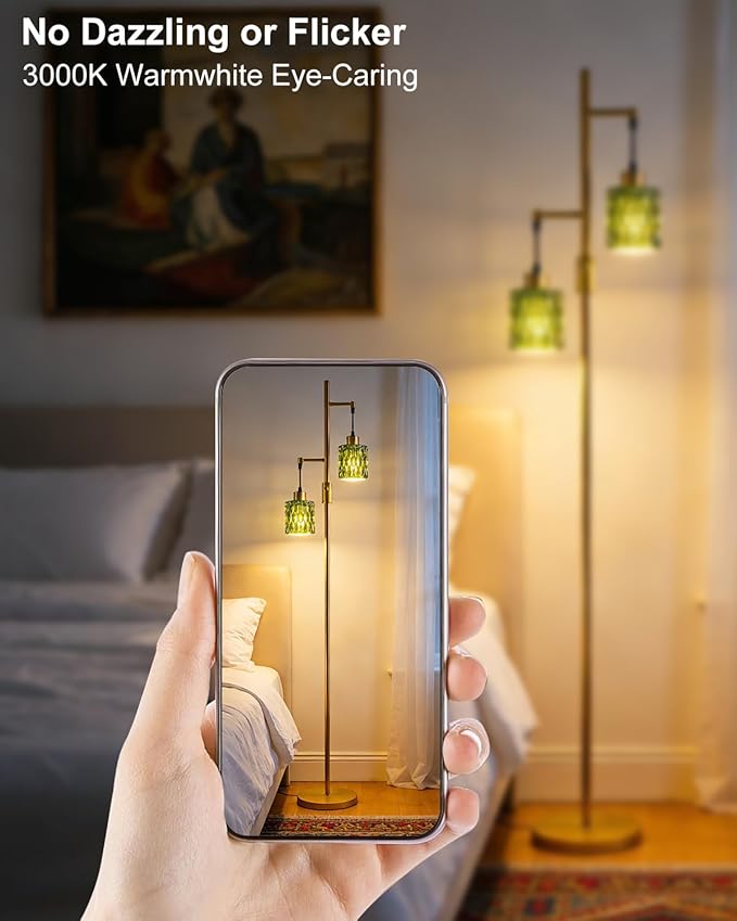 65IN Glass Floor Lamp, 2-Light Gold Tall Standing Lamps Dimmable with Green Glass Lampshade, 3000K Warmwhite Mid Century Modern Floor Lamp for Living Room/Bedroom/Corner