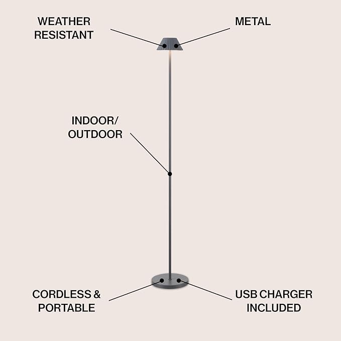 JONATHAN Y 44" Gray Modern Rechargeable Cordless LED Floor Lamp for Patio, Dimmable Minimalist Indoor Outdoor Standing Light, Pleated Iron Shade, Touch Sensor (JYL7168C)