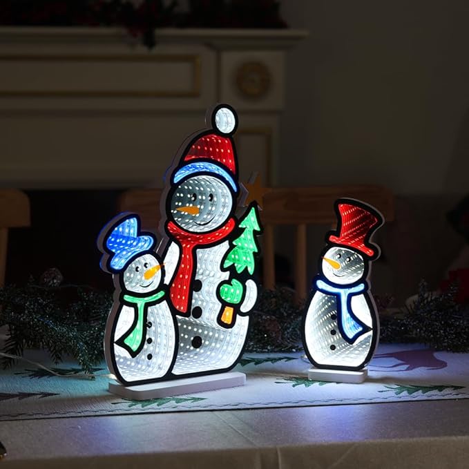 MEETYAMOR Christmas Decorations Indoor, Set of 3 Snowman Infinity Mirror Tunnel Light for Christmas Decor, Night Lights with Endless Extension for Home Mantel Table Centerpiece Lamp Xmas Decorations