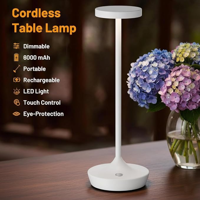 Cordless Table Lamp Rechargeable - 6000mAh LED Battery Operated Table Light - Portable Touch Dimmable Outdoor Waterproof Table Lamps for Patio Bar Restaurant Dining (2 White)