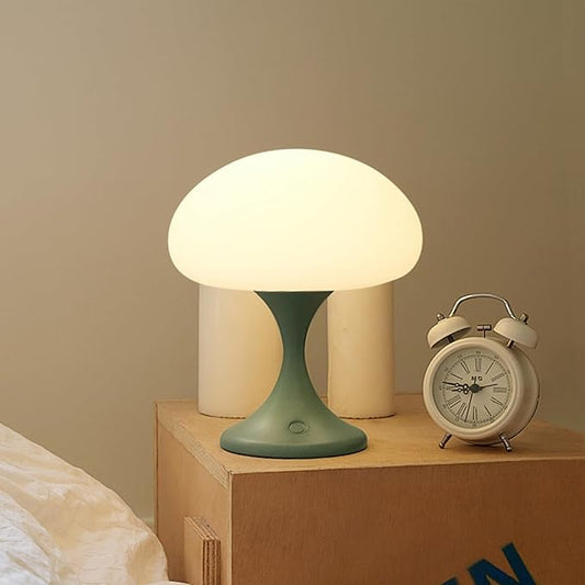 Mushroom Lamp, 5W LED Cordless Rechargeable Table Lamp with Glass Shade, Small Retro Dimmable Touch Light with 3 Color Temps, Aesthetic Mid Century Bedside Light for Bedroom Ambient, Green
