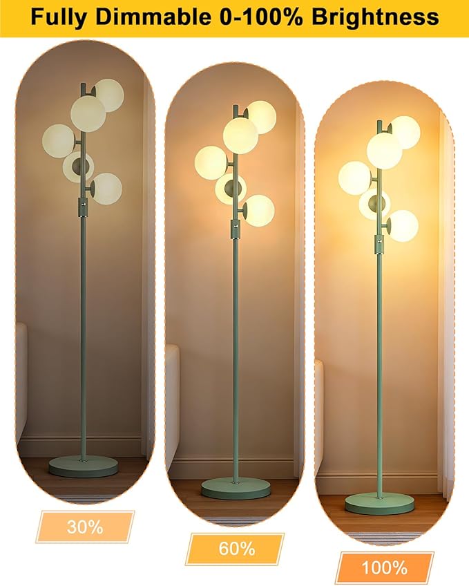 Lightdot Dimmable Globe Floor Lamp Mid Century Modern Floor Lamp with 5Pcs 3000K G9 Bulbs Stepless Brightness Adjustable Green Standing Lamps with Stable Base for Living Room Bedroom Office