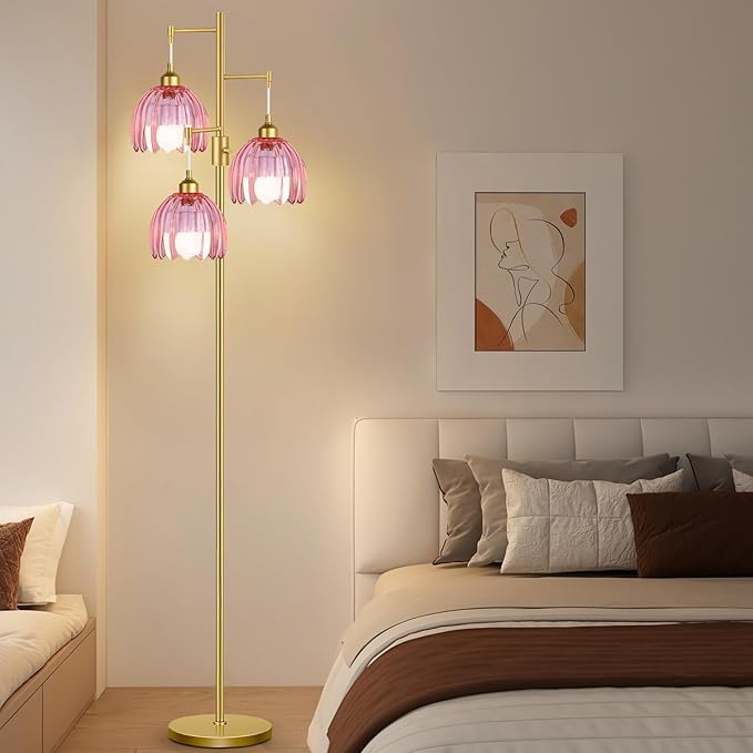 Gold Floor Lamps for Living Room Vintage Pink Floor Lamp with Glass Lmapshape & Three Led Bulb,Dimmable Mid Century Modern Standing Lamp Tall Tree Flower Floor Lamps for Bedroom,Office,Corner