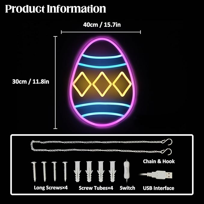 Easter Egg Neon Sign Happy Easter Neon Light Colorful Eggs LED Signs for Wall Dimmable Neon Lights Signs Jesus Neon Wall Sign for Bedroom Holiday Bar Party Decor USB Powered