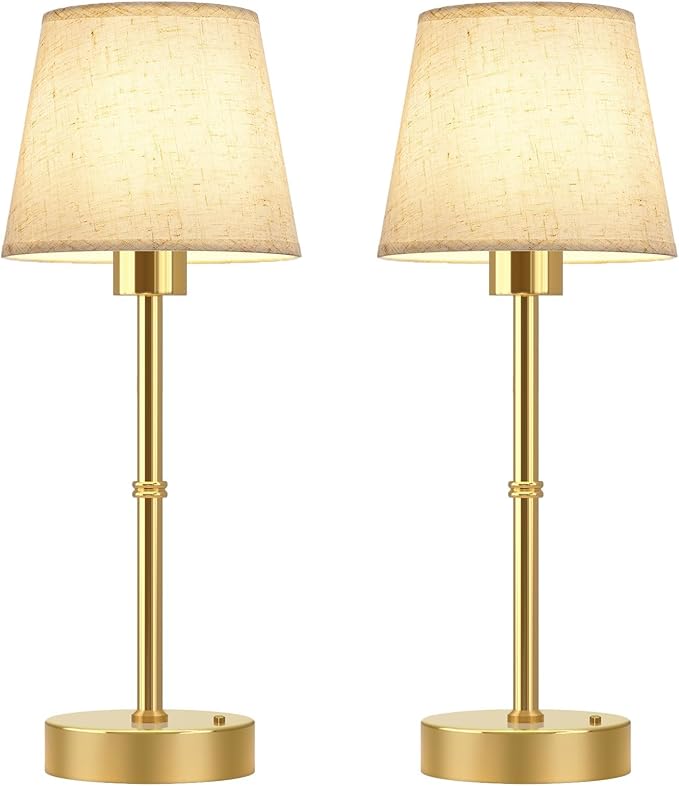 FRIDEKO HOME Rechargeable Table Lamp Gold - Cordless Battery Operated Lamp, Fabric Shade Desk Lamp, Wireless Lamp for Decor Bedroom Dining Table Counter (2pcs-Linen-Bulb Included-15.7in)