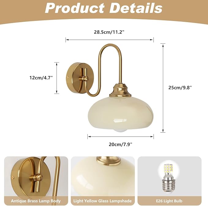 KCO Lighting Mid Century Modern Wall Mounted Bedside Lamp Brass Gold Wall Sconce Glass Globe Bathroom Vanity Light Fixture Vintage Wall Light Wireless Bedroom Wall Sconce Lamp