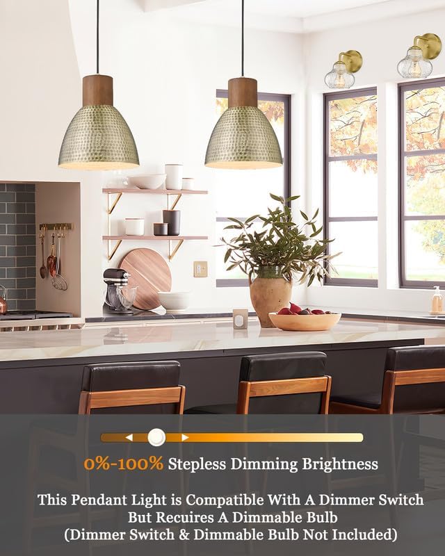 ELYONA Vintage Hammered Pendant Light Fixtures, 10.2” Industrial Metal Hanging Bar Lamp, Solid Wood Antique Gold Adjustable Pendant Light for Kitchen Island, Farmhouse, Dining Room, Brushed Brass