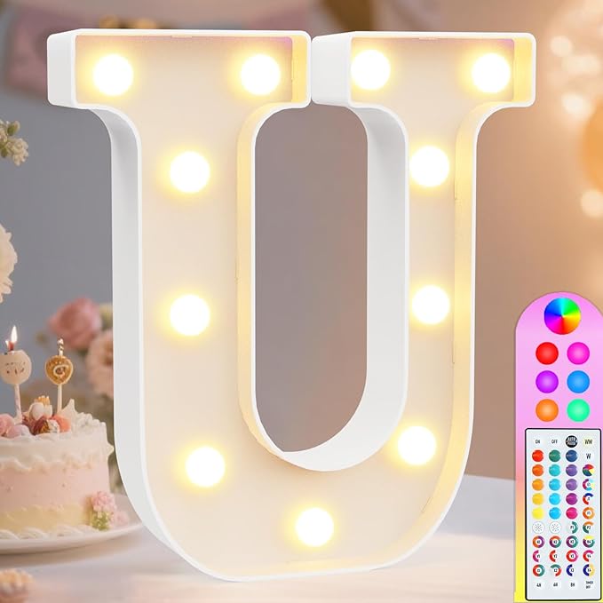 Pooqla Colorful Light Up Letters with Remote, Upgraded 35 Colors LED Marquee Letters, RGB Lighted Letter for Girls Teenager Gift, Birthday, Party, Wedding, Night Light, Room, Bedroom Decor, Letter U