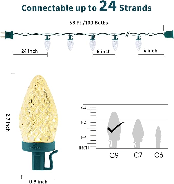 C9 LED Christmas Lights Outdoor, 68 Ft 100 LED C9 String Lights with 100 All in One Clips, Connectable Waterproof Christmas Tree Lights for Outside Roofline Backyard Garden Decor, Warm White 2 Pack