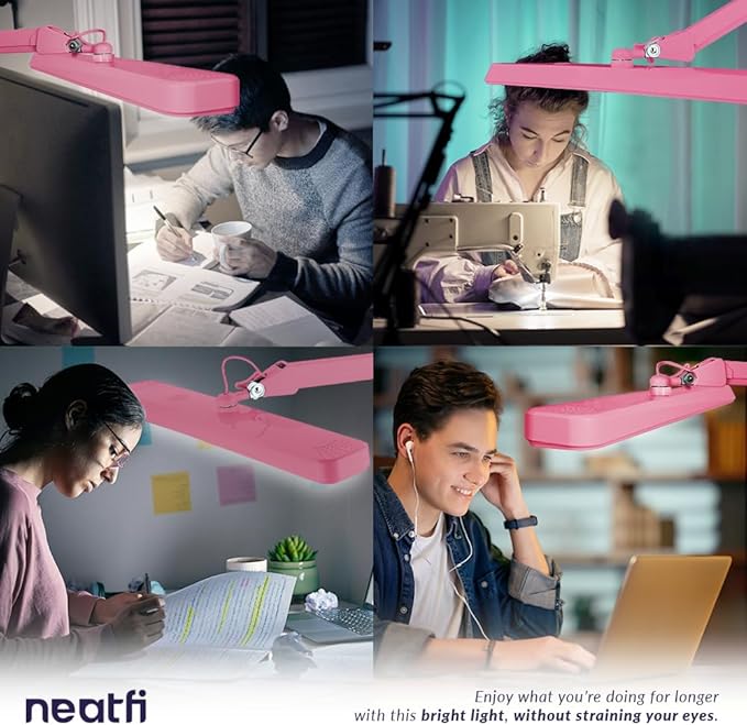 Neatfi Task Lamp – 2,500 Lumens, 30W, 22-Inch Wide Shade, 4 Brightness Levels, Eye-Caring Light, Clamp Mount, LED Task Light for Manicure Table, Crafts, Workbench, Office (Non-CCT, Pink)