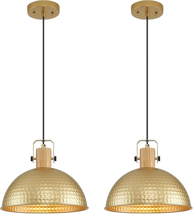 12 Inch Gold Pendant Lights Hammered Matte Pendant Lights for Kitchen Island Industrial Farmhouse Adjustable Height Dome Hanging Light Fixtures for Barn, Dining Room 2 Packs