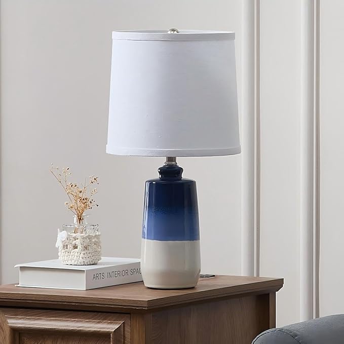 20.5" Ceramic Blue Lamps for Nightstand Set of 2, Blue Table Lamps for Living Room Set of 2, Coastal Table Lamps for Bedroom with White Barrel Lampshade, Blue White Ceramic Lamps for Small Space