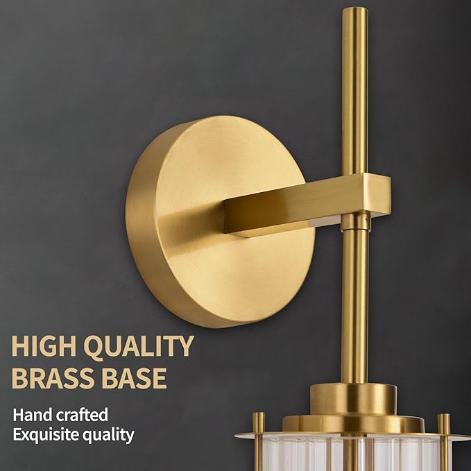 Modern Brass Wall Sconce,18" Gold Wall Sconces Set of Two,Bathroom Vanity Light Fixtures with Vertical Striped Glass Tube,Wall Light for Bedroom,Living Room,Hallway,Staircase,Mirror